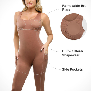 Combinaison de yoga premium pour femme, sans manches, col carré, une pièce, avec coussinets de soutien-gorge amovibles, compression, poches latérales, maille. - Product Image 1