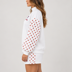 Women's White Polka Sleeve Fleece Mock Neck 2-Piece <b>Shorts</b> <b>Set</b> Drop Shoulder Sweatshirt Matching <b>Shorts</b> Custom Wholesale - Product Image 4