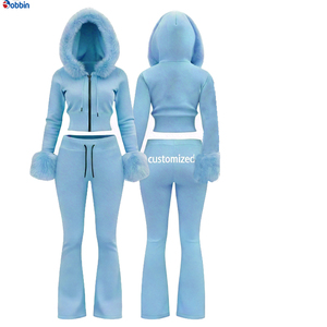 Conjunto de 2 Piezas Personalizado para Mujer, Sudadera con Capucha y Pantalones Deportivos, Cuello de Piel, Algodón 360g, Chándal de Invierno, Logotipo Personalizado con Pedrería - Product Image 2