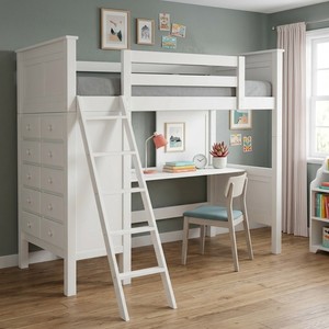 Lit superposé moderne avec bureau et commode en bois massif blanc style scandinave, lit superposé avec rangement - Product Image 3
