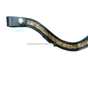 Bande de front de cheval en cuir rembourrée à canal vide en forme de vague personnalisée avec strass en cristaux dorés étincelants bande de front bling - Product Image 3