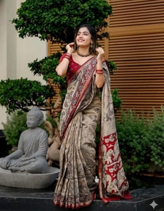Sari de Seda Pura con Estampado Kalamkari para Mujer KV (Crema) - Product Image 5