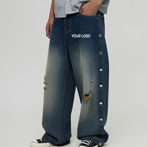 Pantalon en jean large pour homme, style streetwear hip-hop, délavage foncé, avec boutons latéraux et design à panneaux tendance, qualité OEM ODM - Product Image 4