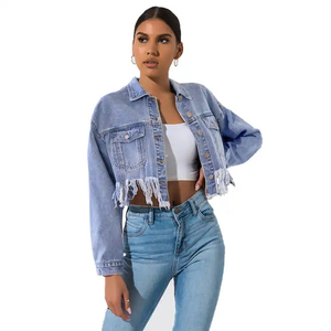 Chaqueta vaquera lavada para mujer, informal, con cremallera, cuello vuelto, manga larga, con logo personalizado - Product Image 1