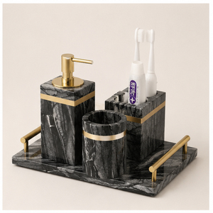Luxury Natural Black Marble <b>Bathroom</b> <b>Accessories</b> <b>Set</b> 6-Piece with Gold Inlay Soap Dispenser Tray and Toothbrush Holder - Product Image 5