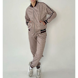 Women Plaid <b>Tracksuit</b> Set Full Sleeve Zipper Front Casual Jogger Pants With Side Pockets Autumn Wear - Product Image 1