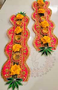 Pink Green Floral Door Toran Handmade Wedding Festival <b>Mandir</b> Decor Rose Diya Patti Wall Hanging with Golden Embroidery - Product Image 3