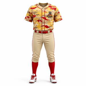 RONAL SPORTS Uniforme de baseball imprimé camouflage à manches courtes pour homme, maillot respirant en polyester avec ceinture rouge et chaussettes - Product Image 1