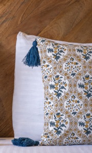Traditional Artisan Square Floral Print 100% Cotton <b>Cushion</b> <b>Cover</b> with Elegant Blue Tassel Accents Vintage Style for Home Use - Product Image 3