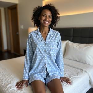 Conjunto de pijama de algodón relajado con estampado de Corazón Azul suave para mujeres jóvenes, camisa de manga larga y pantalones cortos - Product Image 2
