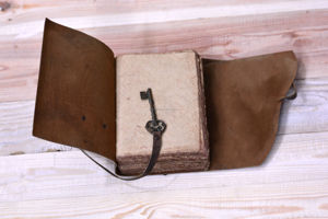 Genuine <b>Leather</b> Traveling Journal Handmade Hardcover with Deckle Edged Paper Brass Key Closure Thread Sewing Binding - Product Image 5