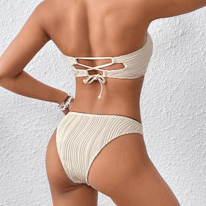 Women's <b>White</b> Ruched Bandeau <b>Bikini</b> <b>Set</b> 2 Piece Solid Stretch Swimwear Hipster Bottoms - Product Image 2