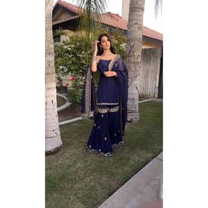 RTC Designer Navy Party Wear Ensemble haut-bas et Dupatta avec fil séquentiel Travail 1000g Taille XL - Product Image 3