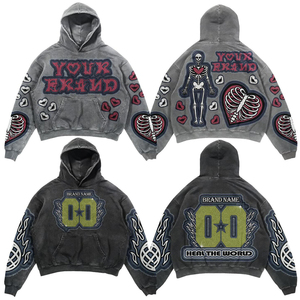 Sudadera con capucha unisex gris oscuro con lavado ácido, bordado de calavera y parche de sol, estilo streetwear, manga larga y bolsillo. - Product Image 5