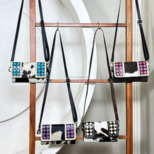 Portefeuille bandoulière en cuir à carreaux fait main, vente en gros directe d'usine 2025, cuir de vache véritable, porte-cartes long de créateur, sacs à main - Product Image 5