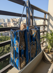 Bohemian Cotton Tote Bag With Tiger Embroidery Pattern Red Black Stripes Open Top For Shopping All Seasons - Product Image 4