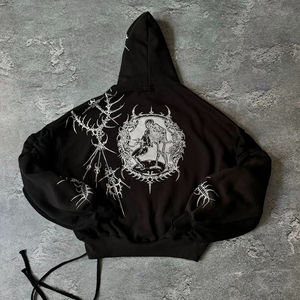 Sudadera con Capucha Unisex de Algodón Tejido, Diseño Gótico con Calaveras Negras Pintadas a Mano, Logotipo Frontal, Talla Grande, Estilo Urbano, Invierno - Product Image 5