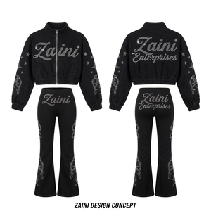 Women Windbreaker Suit 100 Percent Polyester Taslon Fabric 140 GSM Black Crop <b>Jacket</b> Flare Pants <b>Rhinestone</b> Custom Logo OEM ODM - Product Image 1