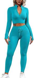 Leggings de sport unis respirants sans coutures, ensembles de compression, bas de yoga, ensembles 3 pièces personnalisés pour femmes, Spandex/Nylon, pour la gym - Product Image 6