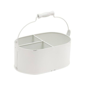 Portacubiertos de Metal Galvanizado Estilo Rústico Vintage con 4 Compartimentos y Asa de Madera, Ovalado, Blanco - Product Image 1
