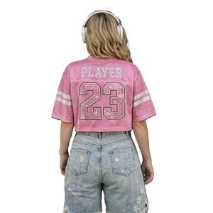 Y2K American Football Jersey Pink Rhinestone <b>Crop</b> <b>Top</b> Women <b>Sequins</b> Personalized Custom Mesh Glitter Varsity Sports Teamwear - Product Image 3