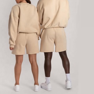 Conjunto Deportivo Unisex de Algodón Beige, Cuello Redondo, Manga Larga, Pantalones Cortos, Color Sólido, Corte Holgado Informal con Bolsillos Laterales y Cintura Elástica - Product Image 2