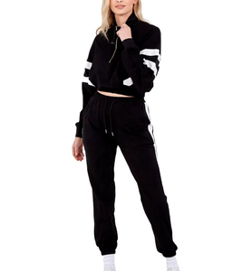 Ensemble de survêtement rayé noir, sweat-shirt à demi-zip long avec poches latérales, style décontracté, style automne - Product Image 1