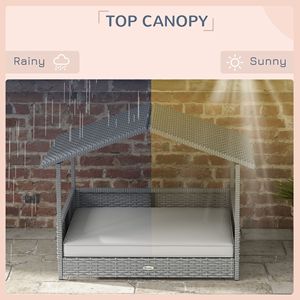 Casa para Perros de Mimbre para Exteriores con Toldo Resistente al Agua y Cojín, Cama de Ratán para Perros Pequeños y Medianos, Mueble Elevado para Mascotas - Product Image 5