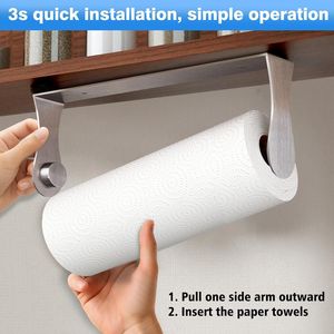 Porte-serviettes en papier adhésif mural en acier inoxydable argenté pour cuisine, à fixer sous l'armoire ou sur le comptoir - Product Image 2