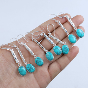Pendientes Colgantes de Turquesa Natural, Plata de Ley Martillada, Joyería con Piedras Preciosas, Estilo Boho, Proveedores Mayoristas - Product Image 5