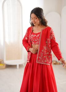 Ensemble de lehenga brodé rouge avec veste pour femmes, tenue traditionnelle indienne pour mariage, longueur au sol - Product Image 2
