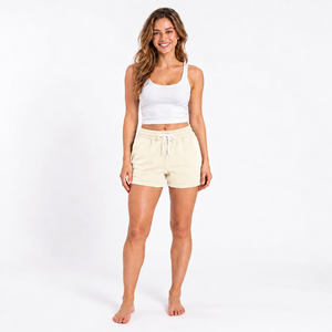 Shorts en molleton de coton beige uni pour femme, taille mi-haute, avec cordon de serrage et poches, décontractés, tricotés, coupe régulière, respirants - Product Image 2
