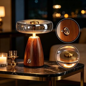 Fantastic Modern Round <b>Glass</b> <b>Table</b> <b>Lamp</b> With Wooden Base And Geometric Pattern For Indoor Lighting - Product Image 6
