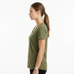 T-shirt pour femme à col en V, double couture de qualité industrielle, uni, avec logo de marque personnalisé imprimé, vêtements de sport pour femmes - Product Image 3