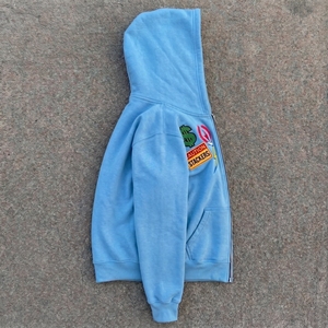 Sweat-shirt à capuche zippé unisexe surdimensionné en patchwork brodé, style streetwear, bleu, en tissu French Terry, pour l'automne - Product Image 5