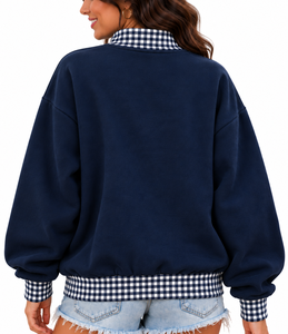 Sudadera de cuello alto para mujer al por mayor, personalizada, con apliques de letras, a cuadros, con bloques de color, estilo oversize vintage - Product Image 3