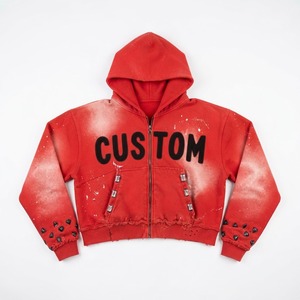 Vente en gros de sweats à capuche pour hommes, rouges, effet vieilli, zippés, en polaire épaisse, avec strass, patch personnalisé, coupe oversize, style streetwear, fournisseur OEM ODM - Product Image 2