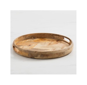 Bandeja Redonda de Madera Rústica Ecológica con Patrón Tallado a Mano, Plato Decorativo para Servir Té, Café y Aperitivos, Organizador de Madera - Product Image 6