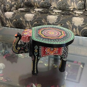 Hand-Painted Mango Wood <b>Elephant</b> Stool | Tribal Design Wooden Seat Wholesale - Product Image 2