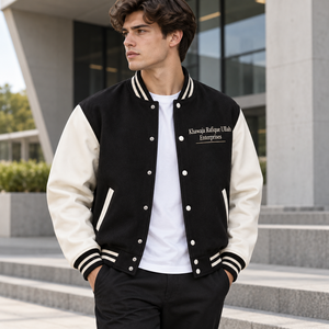 Men's <b>Black</b> And Cream Varsity <b>Jacket</b> With Embroidery Logo Front Casual Autumn Wear Regular Fit Turn-down Collar Single Breasted - Product Image 2