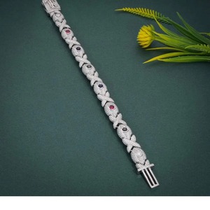Luxury silver bracelet with multicolor stone accents and pave detailing for men hip hop <b>iced</b> out jewelry party wear - Product Image 1