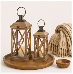 Modern Farmhouse Wood & Metal <b>Candle</b> Lantern <b>Set</b> of 2 Rustic Distressed Firwood Decorative Floor Lanterns for Living Room Decor - Product Image 3