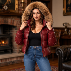 เสื้อแจ็คเก็ตหนังแกะแท้สำหรับผู้หญิง แบรนด์ Leather Spot รุ่น Winter แต่งขนฟ็อกซ์  แบบพัฟเฟอร์  ซิปหน้า  สไตล์สตรีทแวร์  กันลม  ลายสก็อต  บางเบา  85% - Product Image 1