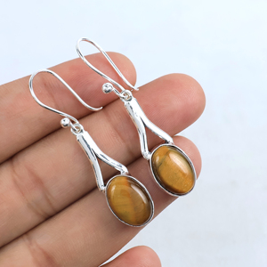 Pendientes Colgantes de Piedra Ojo de Tigre Natural, Plata de Ley 925, Elegantes Pendientes de Piedra Ovalada para Mujer, Hechos a Mano, Venta al Por Mayor - Product Image 4