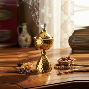 Luxury Gold Finish Crystal Oud Burner <b>Hammered</b> Metal Goblet Design With Lid. Premium Arabian Bakhoor <b>Holder</b> For Home Decor - Product Image 5