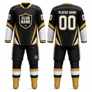 Conjunto de Uniforme de Hockey sobre Hielo Personalizado MEGAMAPLE, Ropa Deportiva para Hombre, Negro, Dorado y Blanco, Impresión por Transferencia de Calor, Todas las Temporadas, 100% Hecho a Mano - Product Image 1