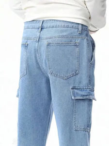 Jeans de mezclilla cargo para hombre, de cintura media, corte ajustado, con parches, lavado ácido, con bolsillos delanteros y traseros, estilo urbano para exteriores - Product Image 2