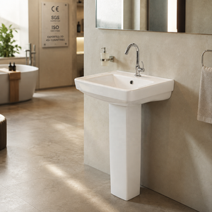 Lavabo sur pied rectangulaire monobloc avec robinet à levier monotrou, finition brillante, drain inclus - Product Image 5