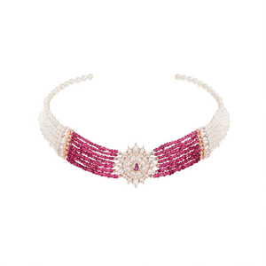 Designer Choker Necklace <b>Set</b> with Sparkle Austrian Stone Pearl <b>Beads</b>-10575617RD-Fashionable Jewelry - Product Image 2
