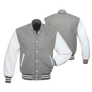 Veste varsity grise pour homme avec manches blanches, fermeture à boutons, style preppy, col rabattu, coupe classique, vêtement d'automne - Product Image 3